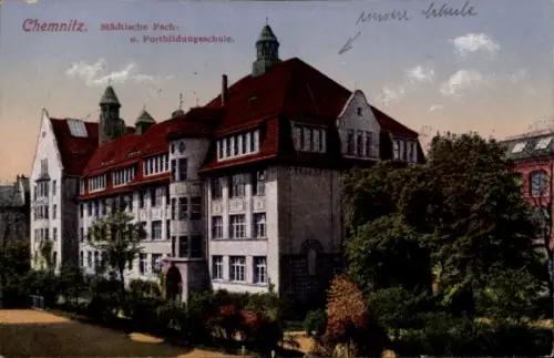 Ak Chemnitz in Sachsen,  städtische Fach- und Fortbildungsschule, Text in deutscher und chinesisc