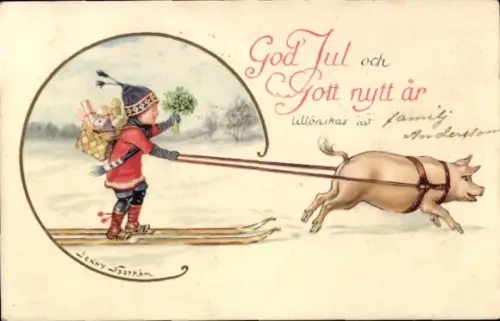 Künstler Ak Nyström, Jenny, Frohe Weihnachten, Fröhliches Neujahr, Schwein zieht Kind auf Skiern