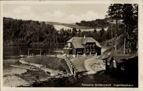 Ak Złotniki Lubańskie Goldentraum Schlesien, Talsperre, Jugendseehaus
