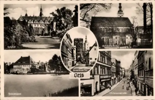 Ak Oleśnica Oels Schlesien, Schloss, Teichhaus, Breslauer Tor,  Schlosskirche, Ohlauerstraße