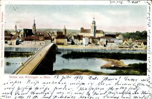 Litho Kitzingen am Main Unterfranken, Stadtansicht, Brücke