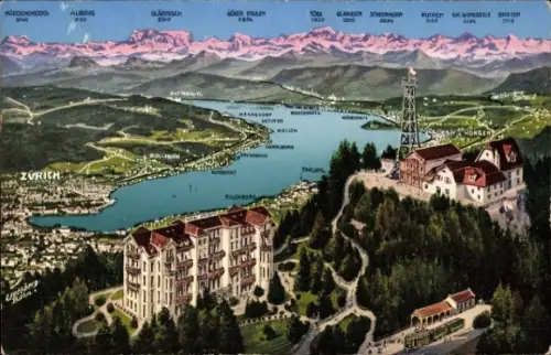 Ak Zürich Stadt Schweiz, Landschaft mit Zürichsee, Berge, Uetliberg,  mit Text