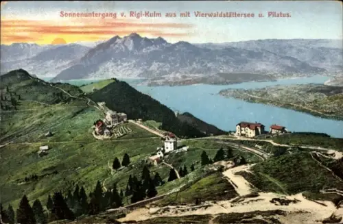 Ak Kanton Luzern Schweiz, Sonnenuntergang v. Rigi-Kulm aus mit Vierwaldstättersee und Pilatus