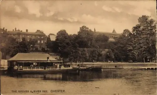 Ak Chester Cheshire England, Fluss Dee, Groves, Bootsanleger, Bäume, Gebäude im Hintergrund