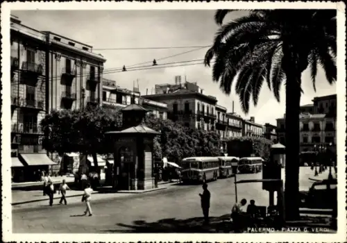 Ak Palermo Sizilien Sicilia Italien,  Piazza G. Verdi, Busse, Palmen, Menschen