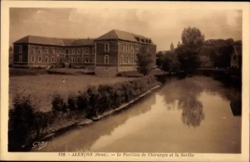 Ak Alencon Orne,  Pavillon de Chirurgie, Fluss Sarthe, Schwarz-Weiß-Foto