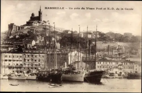 Ak Marseille Bouches du Rhône,  Vieux Port, N.-D. de la Garde, Schiffe, Hafen