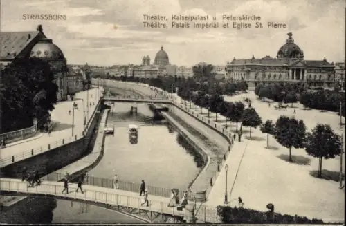 Ak Strasbourg Straßburg Elsass Bas Rhin, Stadtansicht von  Theater, Kaiserpalast, Peterskirche