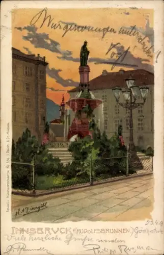 Ak Innsbruck Tirol, Patscherkofel, Rudolfsbrunnen, Statue, Laternen, Aquarell, 