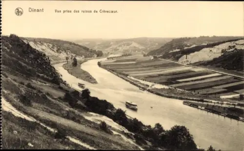 Ak Dinant Wallonien Namur, Flusslandschaft, Ruinen von Crèvecoeur, Schiffe auf dem Wasser