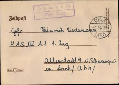 Briefumschlag Landpoststempel Hambach über Diez