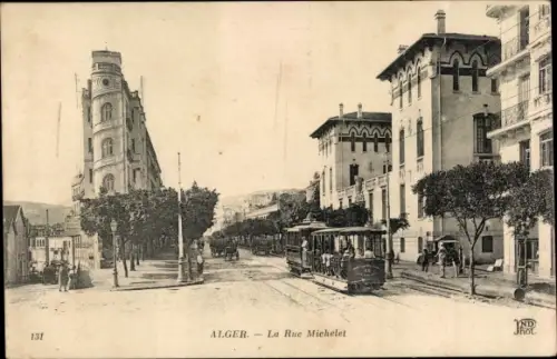 Ak Algier Alger Algerien, Rue Michelet, Straßenbahn