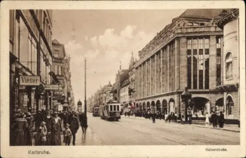 Ak Karlsruhe in Baden, Kaiserstraße, Straßenbahn, Geschäft Vieser