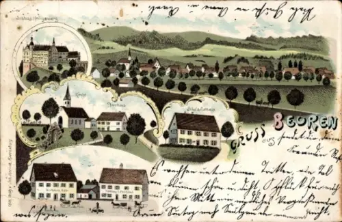 Litho Beuren Salem im Bodenseekreis Baden Württemberg, Gesamtansicht, Kirche, Pfarrhaus
