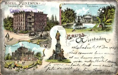 Litho Wiesbaden in Hessen, Hotel Minerva, Kurhaus, Theater, Bismarckdenkmal