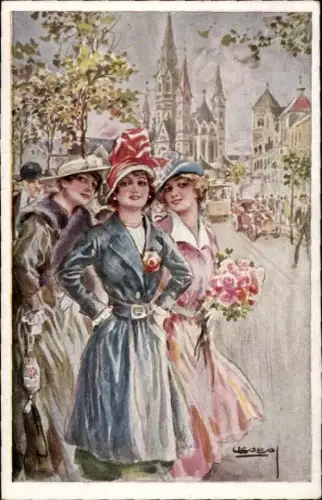 Künstler Ak Usabal, L., Weltstadtleben, Drei junge Frauen, Blumen