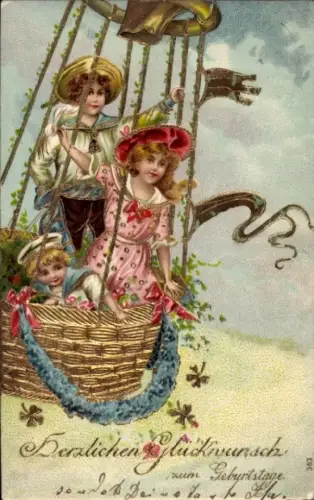 Präge Ak Glückwunsch zum Geburtstag, Kinder in einer Ballongondel, Blumen, Girlande