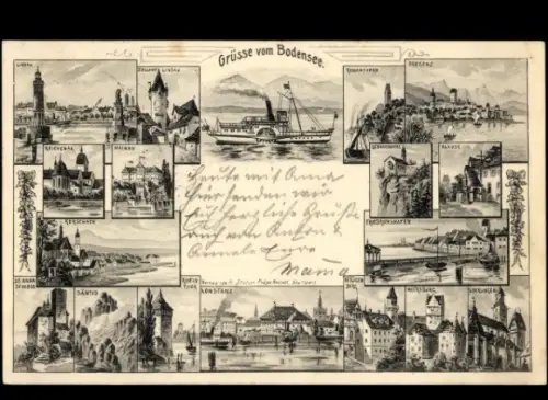 Litho Grüße vom Bodensee, Bregenz, Konstanz, Friedrichshafen am Bodensee, Lindau