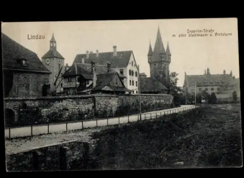 Ak Lindau am Bodensee Schwaben, Zeppelinstraße, alte Stadtmauer, Diebsturm