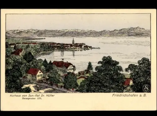 Künstler Ak Friedrichshafen am Bodensee, Panorama, Kurhaus von San.-Rat Dr. Hüfler
