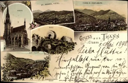 Litho Thann Elsass Haut Rhin, Kirche, St. Amarin, Burg, Engelsburg