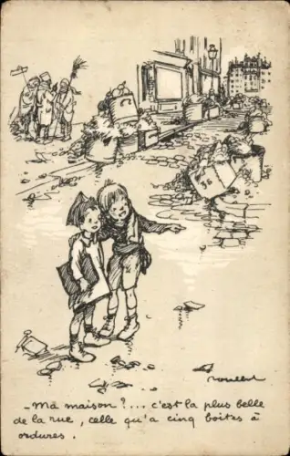 Künstler Ak Poulbot, F., Kinder, Gespräch, Straße, Müll