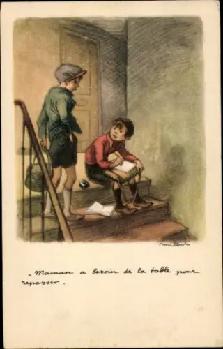 Künstler Ak Poulbot, Francisque, Zwei Jungen, Schulranzen, Treppen