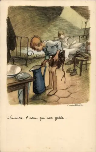 Künstler Ak Poulbot, Francisque, Jungen, gefrorenes Wasser im Krug, Ligue Nationale contre le Taudis