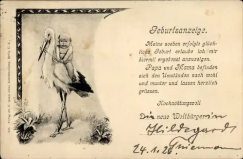 Ak Glückwunsch Geburt, Storch, Baby
