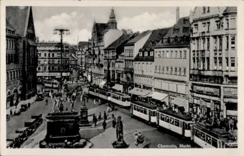 Ak Chemnitz in Sachsen,  Markt, Straßenbahnen, Statue,  Gebäude