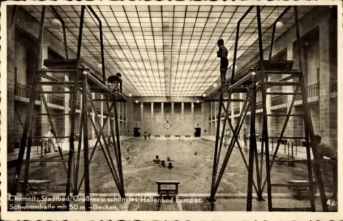 Ak Chemnitz in Sachsen, Schwimmhalle, 50 m-Becken, Stadtbad,  Hallenbad Europas