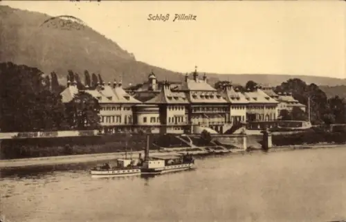 Ak Dresden Pillnitz, Schloß  Dampfschiff, Flusslandschaft