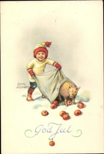 Künstler Ak Nyström, Jenny, Frohe Weihnachten, Kind, Schwein und Äpfel in einem Sack
