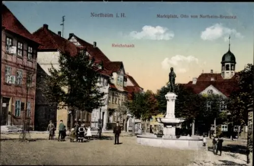 Ak Northeim in Niedersachsen, Northeim i. H., Marktplatz, Otto von Northeim-Brunnen, Reichsbank