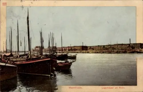 Ak Mannheim in Baden,  Lagerhäuser am Rhein, Boote im Wasser