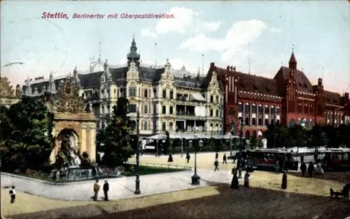 Ak Szczecin Stettin Pommern,  Berlinertor, Oberpostdirektion, Straßenbahn, Menschen