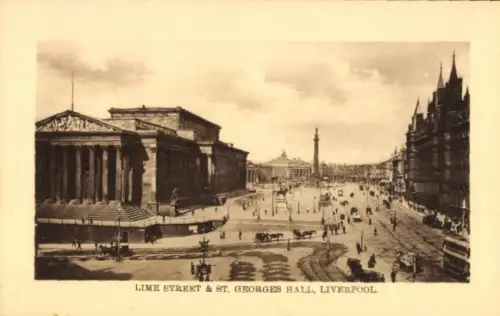 Ak Liverpool Merseyside England, Lime Street, St. Georges Hall,  Ansicht, viele Pferdekutschen