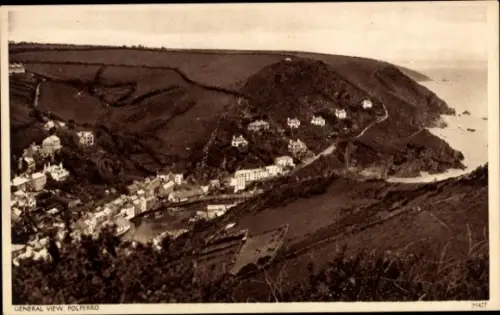 Ak Polperro Cornwall, Landschaftsansicht, Küstenlinie, Häuser, Hügel, Meer