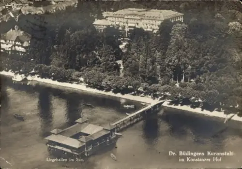 Ak Konstanz am Bodensee, Luftaufnahme, Liegehallen im See, Dr. Büdingens Kuranstalt, Konstanz
