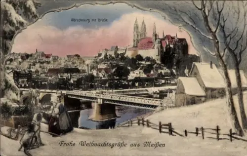 Ak Meißen an der Elbe, Albrechtsburg, Brücke, Winterlandschaft, Weihnachtsgrüße, Meißen