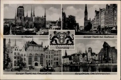 Ak Gdańsk Danzig, St. Marien, langer Markt mit Rathaus, Artushof 1481, Langebrücke
