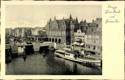 Ak Gdańsk Danzig,  Grüne Brücke, Grünes Tor, Hafenansicht, Boote