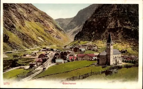 Ak Göschenen Goeschenen Kanton Uri, Berglandschaft, Dorfansicht, Kirche, Göschenen