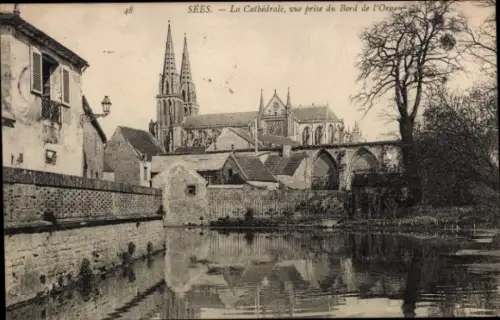 Ak Sées Orne, Kathedrale, Fluss, Bäume, Wasseroberfläche, 