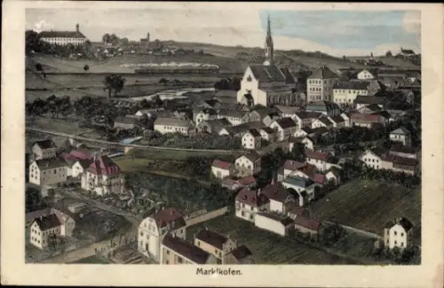 Ak Marklkofen Niederbayern, Landschaft mit Häusern, Kirche, Feldern, Marklkofen