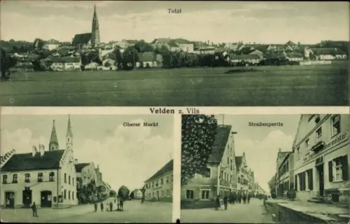 Ak Velden an der Vils Niederbayern, Panoramaansicht,  Oberer Markt, Straßenpartie
