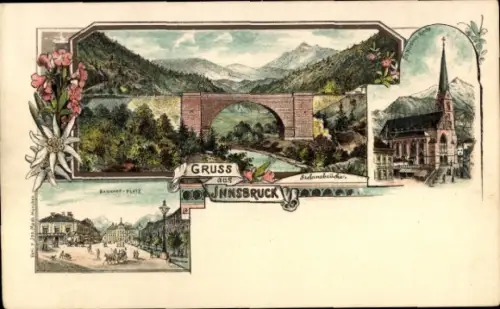 Ak Innsbruck Tirol, Patscherkofel, Berglandschaft, Brücke, Kirche, Blumen, Innsbruck