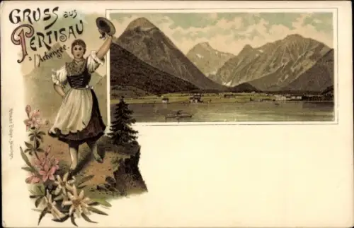 Ak Pertisau Eben am Achensee Tirol, Frau in Tracht, Berge, Achensee, Boot auf dem Wasser, Blumen