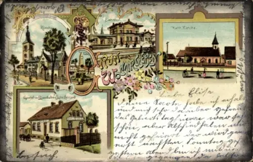 Litho Wolmirsleben im Salzlandkreis, Kirche, Bahnhof, Gasthof zur Eisenbahn, Inh. Gebhardt