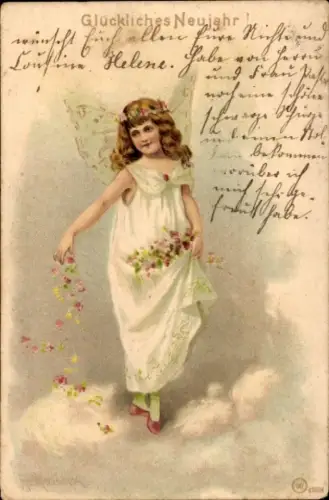 Litho Glückwunsch Neujahr, Schmetterlingsmädchen